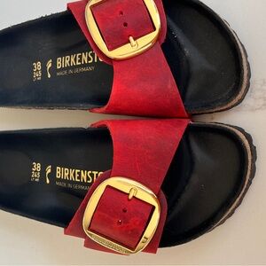 Birkenstock Red Sandals with Golden Buckle